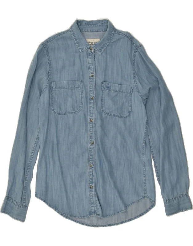 ABERCROMBIE & FITCH Womens Denim Shirt UK 10 Small Blue Lyocell Stylish Striped Short Sleeve