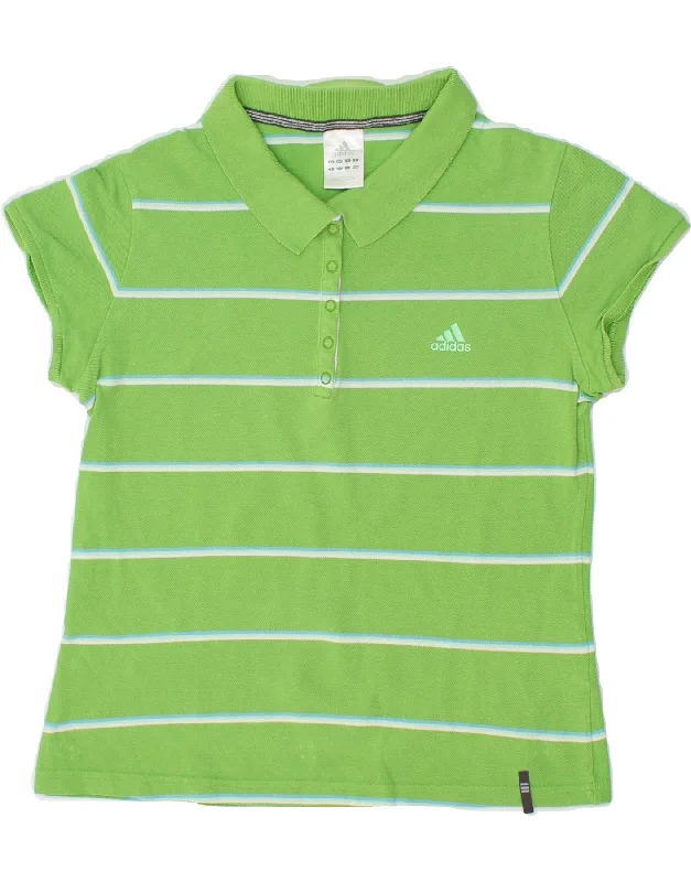 ADIDAS Womens Polo Shirt UK 16 Large Green Striped Cotton Trendy Summer Short Sleeve