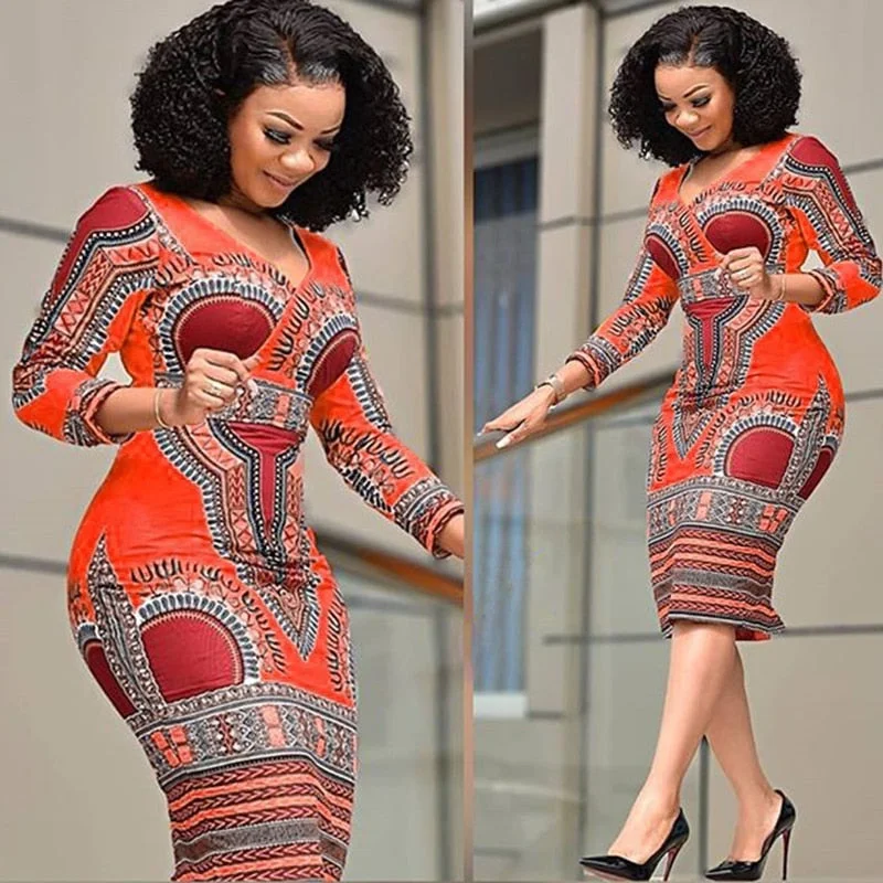 Women's Vestidos African Style Floral Print V-neck Long Sleeve Elegant Retro Bodycon Midi Dress Fashionable Fitted Midi Dress