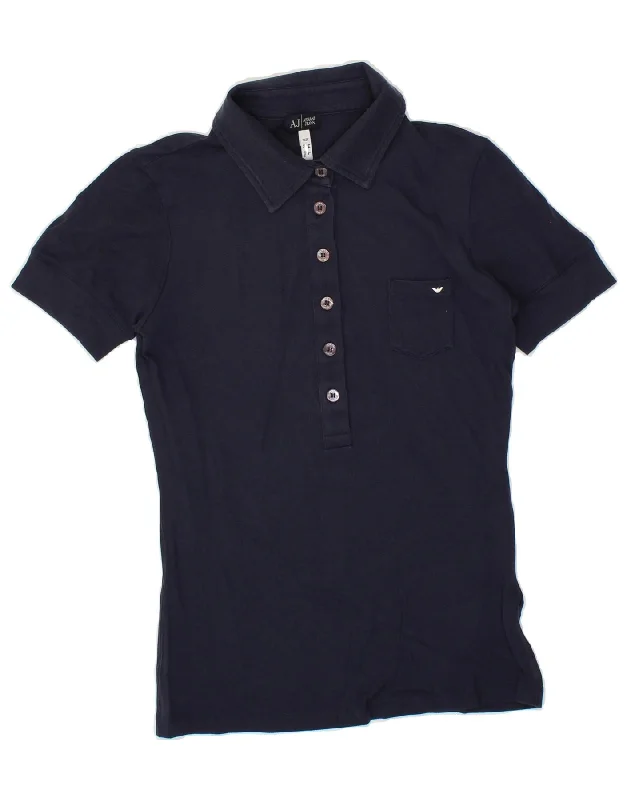 ARMANI JEANS Womens Polo Shirt UK 14 Large Navy Blue Viscose Cozy Printed Short Shirt