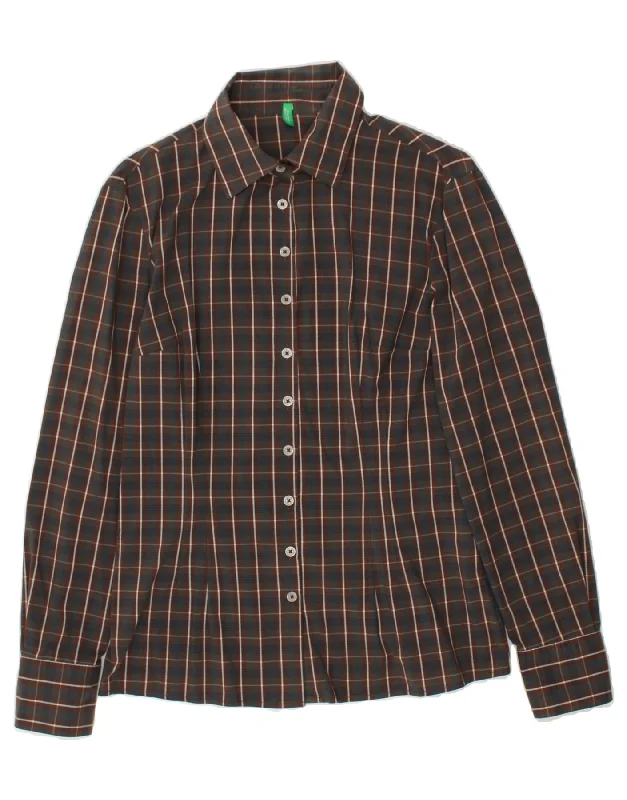 BENETTON Womens Shirt UK 14 Medium Brown Check Cotton Stylish Round Neck Shirt