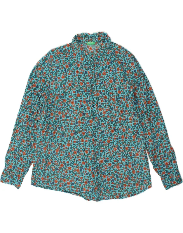 BENETTON Womens Shirt UK 16 Large Turquoise Floral Fashionable Short Sleeve Shirt