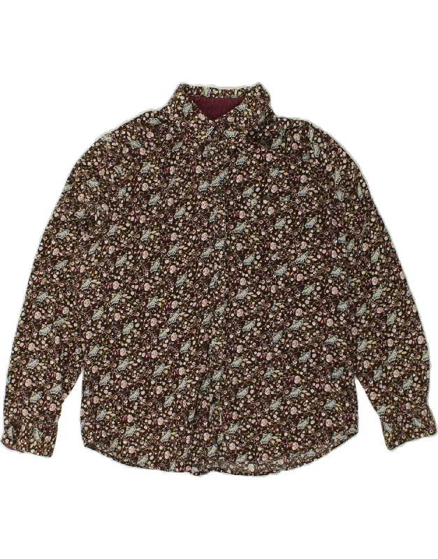 EDDIE BAUER Womens Shirt UK 16 Large Brown Floral Cotton Elegant Draped Short Sleeve