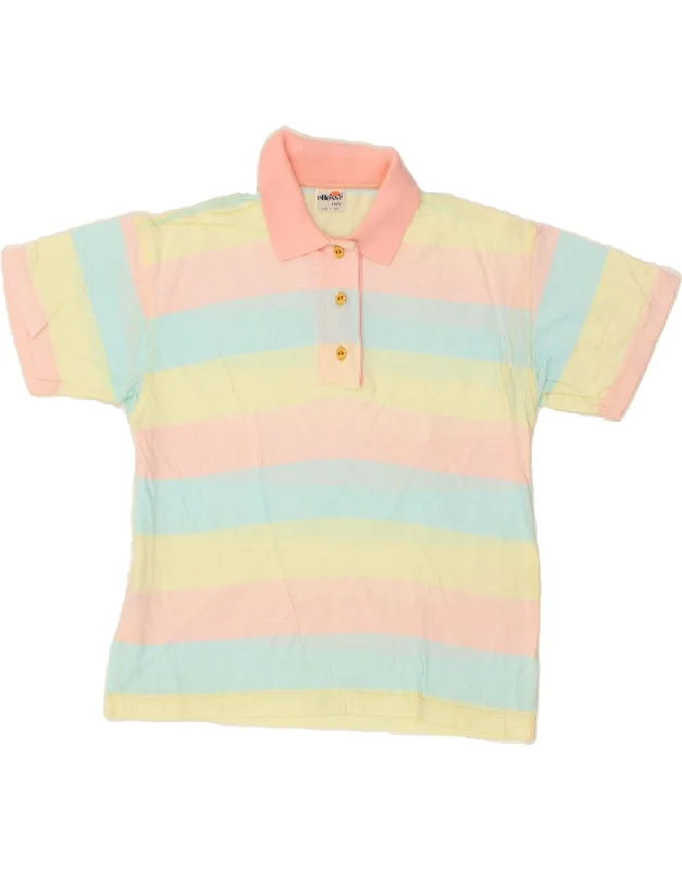 ELLESSE Womens Polo Shirt UK 12 Medium Multicoloured Striped Cotton Elegant Lace Short Sleeve