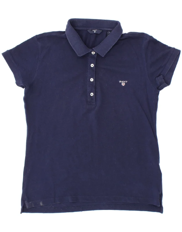 GANT Womens Polo Shirt UK 10 Small Navy Blue Cotton Stylish Split-Hem Short Shirt