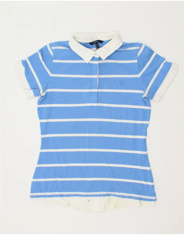 GANT Womens Polo Shirt UK 12 Medium Blue Striped Cotton Stylish Short Sleeve Top