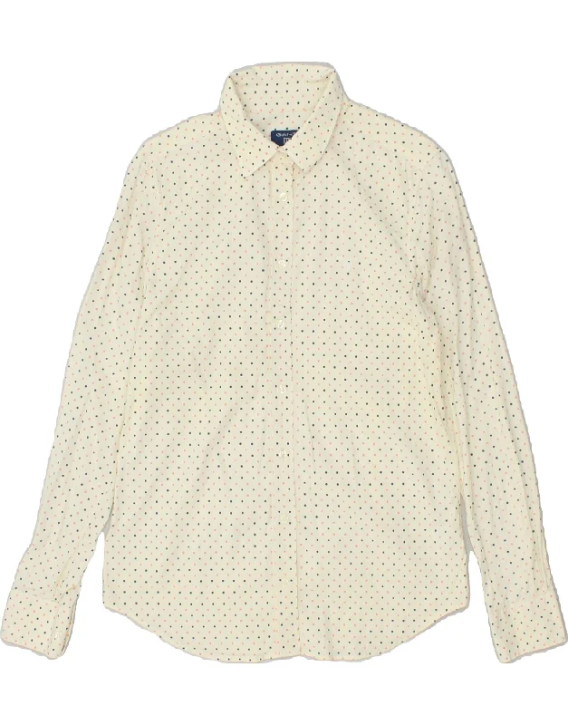 GANT Womens Shirt UK 12 Medium Off White Spotted Cotton Casual Short Sleeve Top