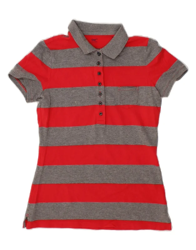 GAP Womens Polo Shirt UK 12 Medium Red Striped Cotton Fashionable Short Sleeve Shirt