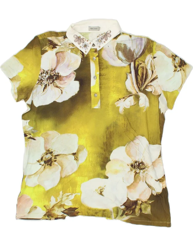 HENRY COTTONS Womens Polo Shirt IT 52 2XL Yellow Floral Casual Loose Short Sleeve