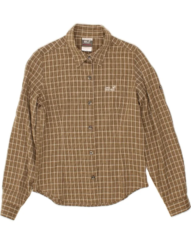 JACK WOLFSKIN Womens Shirt UK 8 Small  Brown Check Polyester Cozy Plain Short Sleeve