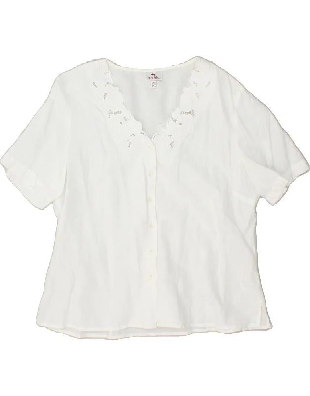 KINGFIELD Womens Shirt Blouse EU 42 Large White Floral Linen Casual Loose Short Sleeve