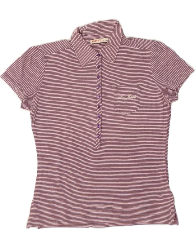 LIU JO Womens Polo Shirt UK 12 Medium Purple Pinstripe Cozy Linen Short Shirt