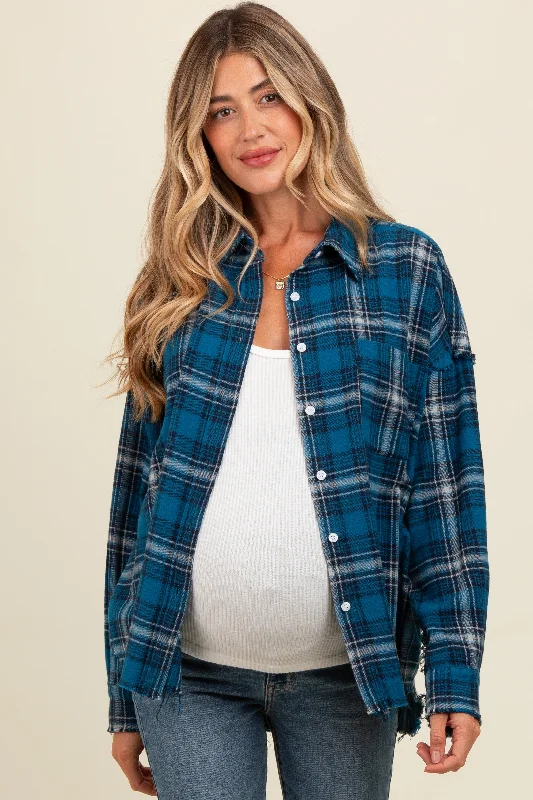 Navy Plaid Fringe Hem Maternity Shirt Fashionable Sheer Short Shirt