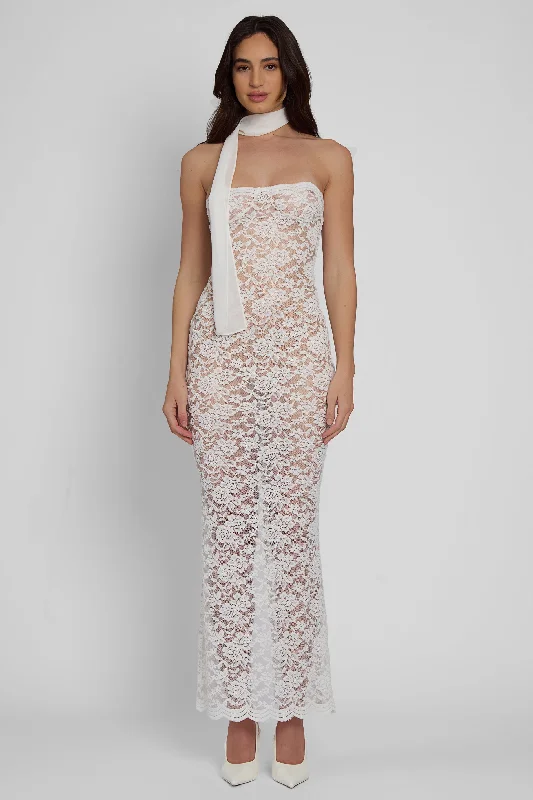 Soleil Scalloped Lace Midi Dress - White Stylish Silk Midi Dress