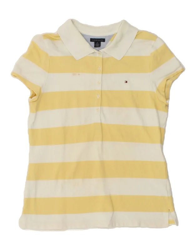 TOMMY HILFIGER Womens Polo Shirt UK 12 Medium Yellow Striped Cotton Stylish Short Sleeve Top