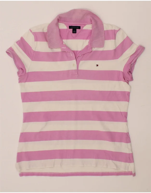 TOMMY HILFIGER Womens Polo Shirt UK 14 Large Pink Striped Cotton Fashionable Button-Front Short Sleeve