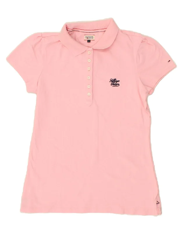 TOMMY HILFIGER Womens Polo Shirt UK 14 Large Pink Fashionable Button-Front Short Sleeve