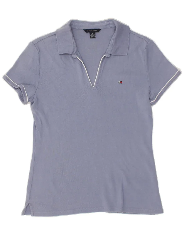 TOMMY HILFIGER Womens Polo Shirt UK 14 Medium Blue Elegant Button-Down Short Shirt