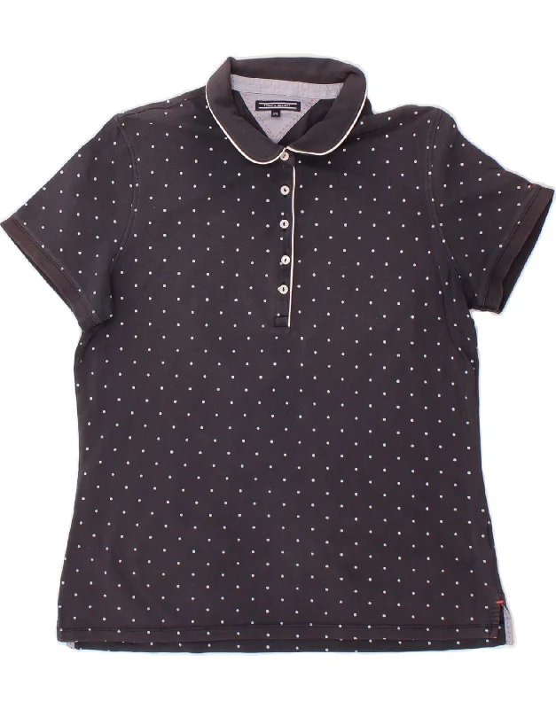 TOMMY HILFIGER Womens Polo Shirt UK 20 2XL Navy Blue Spotted Cozy Linen Short Shirt