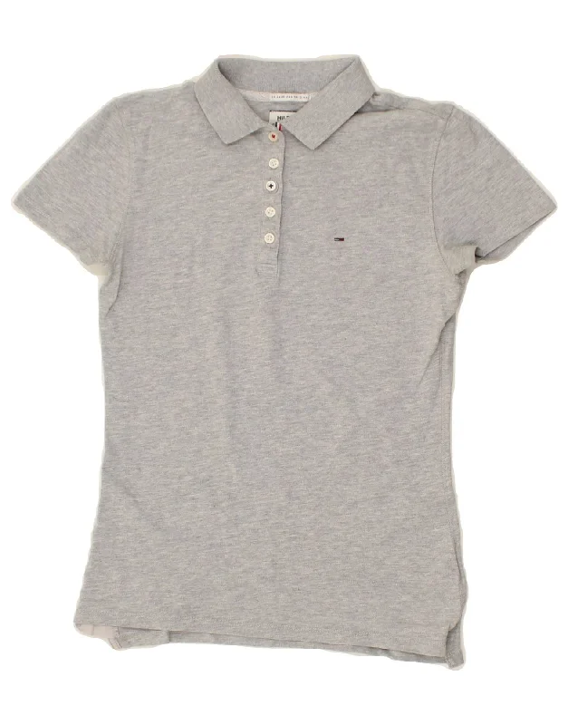 TOMMY HILFIGER Womens Polo Shirt UK 6 XS Grey Cotton Fashionable Plaid Short Sleeve