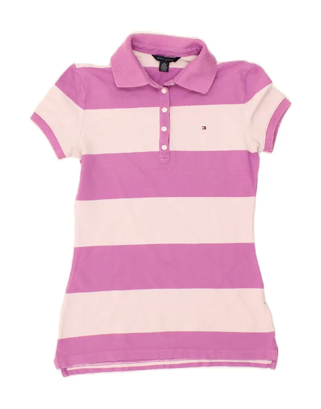 TOMMY HILFIGER Womens Polo Shirt UK 6 XS Pink Striped Elegant Silk Short Shirt