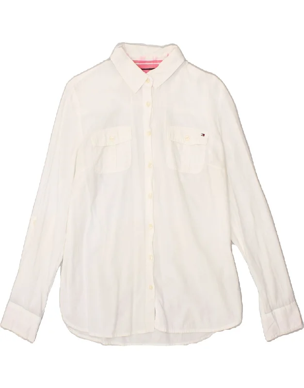 TOMMY HILFIGER Womens Shirt UK 14 Medium White Cotton Comfortable Ribbed Short Sleeve