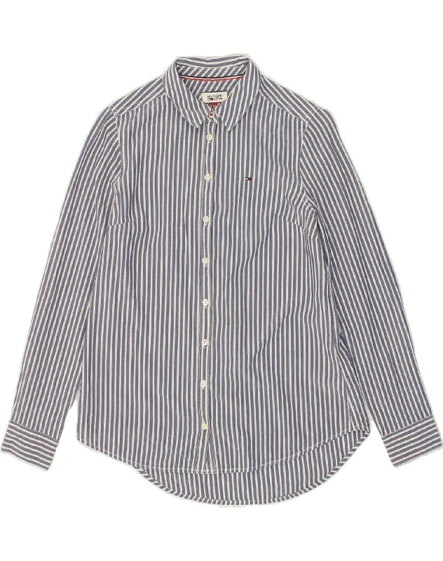 TOMMY HILFIGER Womens Shirt UK 6 XS Blue Striped Cotton Elegant Lace-Trimmed Short Shirt