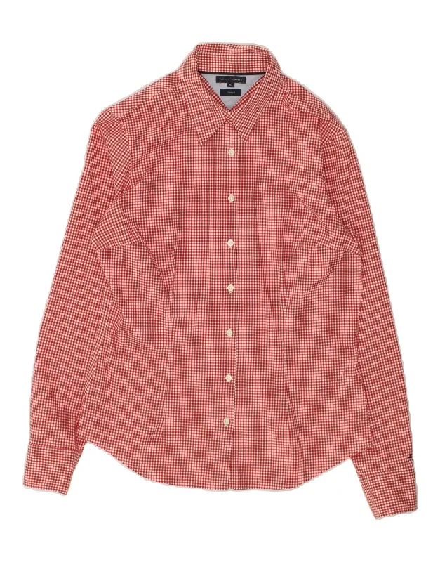 TOMMY HILFIGER Womens Shirt US 10 Large Red Gingham Cotton Fashionable Rounded Short Shirt