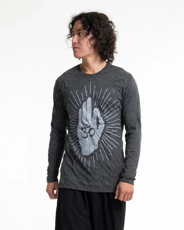 Unisex Hand of Om Long Sleeve Shirt in Silver on Black Classic V-Neck Short Shirt