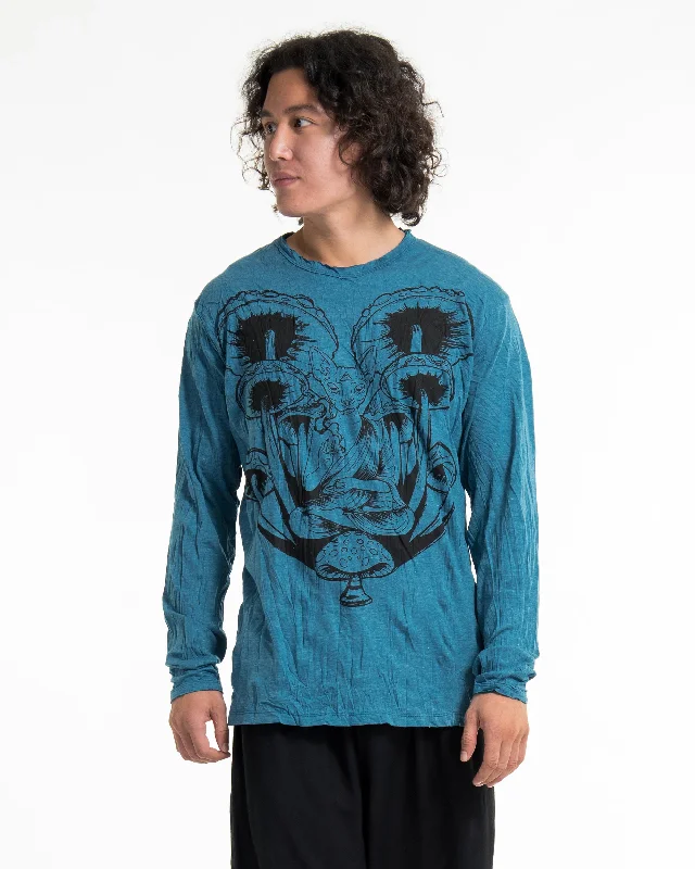 Unisex Spiritual Shroom Cat Long Sleeve Shirt in Denim Blue Comfortable Short Sleeve Tunic