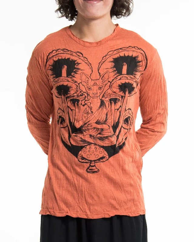 Unisex Spiritual Shroom Cat Long Sleeve Shirt in Orange Fashionable Tied Short Sleeve