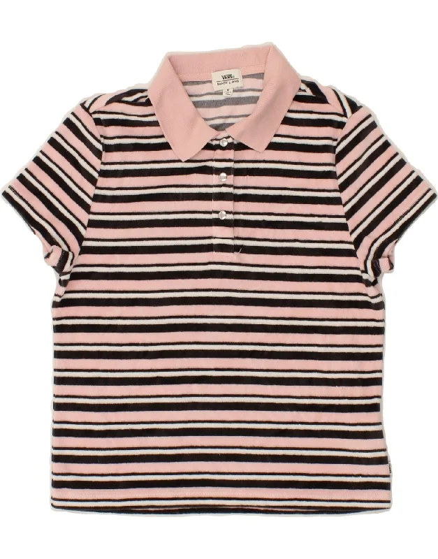 VANS Womens Polo Shirt UK 12 Medium Pink Striped Cotton Soft Cotton Short Shirt