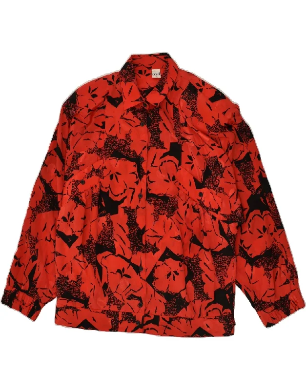 VINTAGE Womens Shirt Blouse EU 40 Medium Red Floral Fashionable Pleated Short Shirt