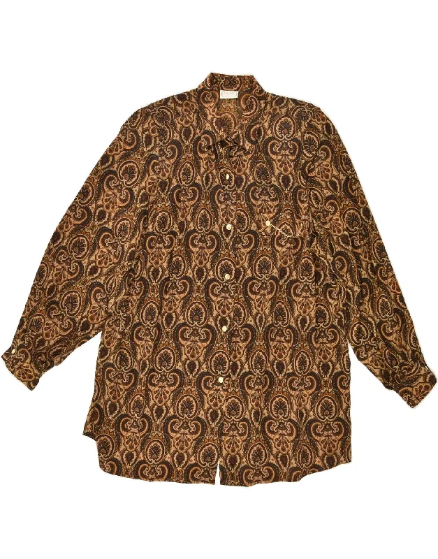 VINTAGE Womens Shirt Blouse IT 50 XL Brown Paisley Acetate Fashionable Pleated Short Shirt