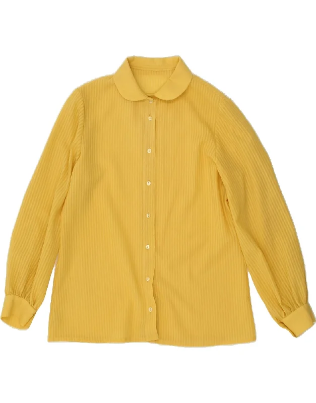 VINTAGE Womens Shirt Blouse UK 12 Medium Yellow Striped Polyester Classic Cropped Short Sleeve