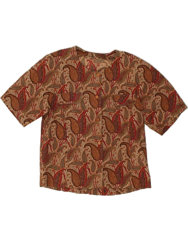 VINTAGE Womens Shirt Blouse UK 16 Large Brown Paisley Cotton Classic Short Sleeve Blouse