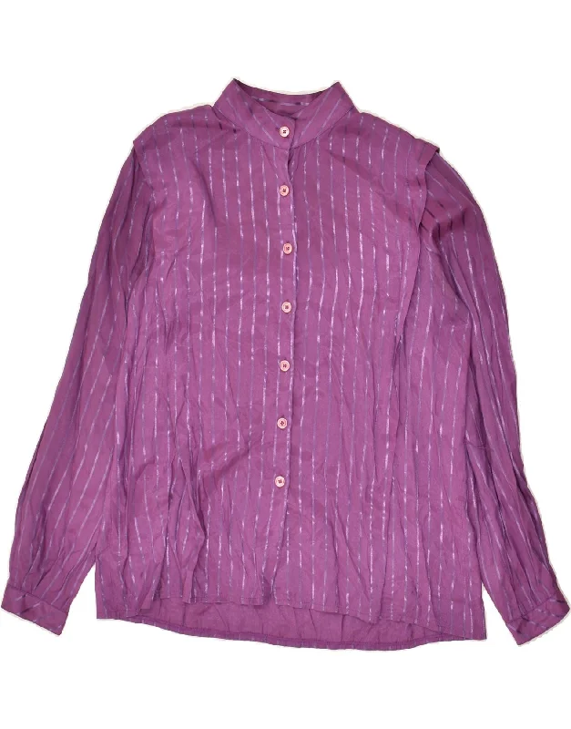 VINTAGE Womens Shirt EU 38 Medium Purple Striped Polyester Stylish Split-Hem Short Shirt