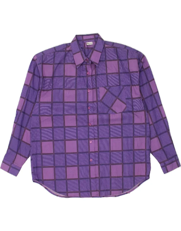 VINTAGE Womens Shirt EU 44/46 XL Purple Check Cotton Cozy Plain Short Sleeve