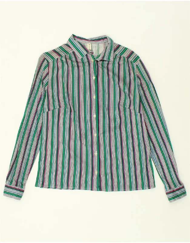 VINTAGE Womens Shirt IT 46 Large Green Striped Cotton Classic Casual Short Sleeve