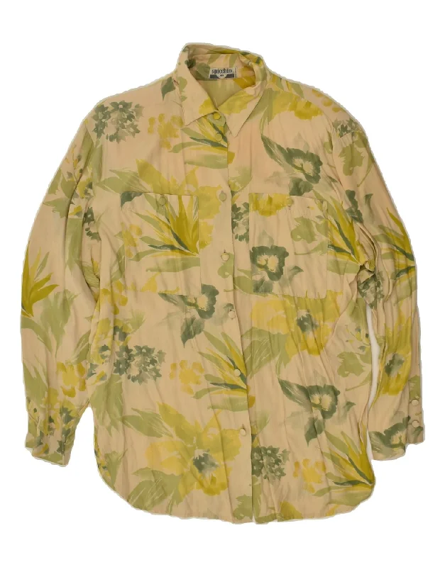 VINTAGE Womens Shirt UK 12 Medium Khaki Floral Viscose Relaxed Button-Down Short Shirt