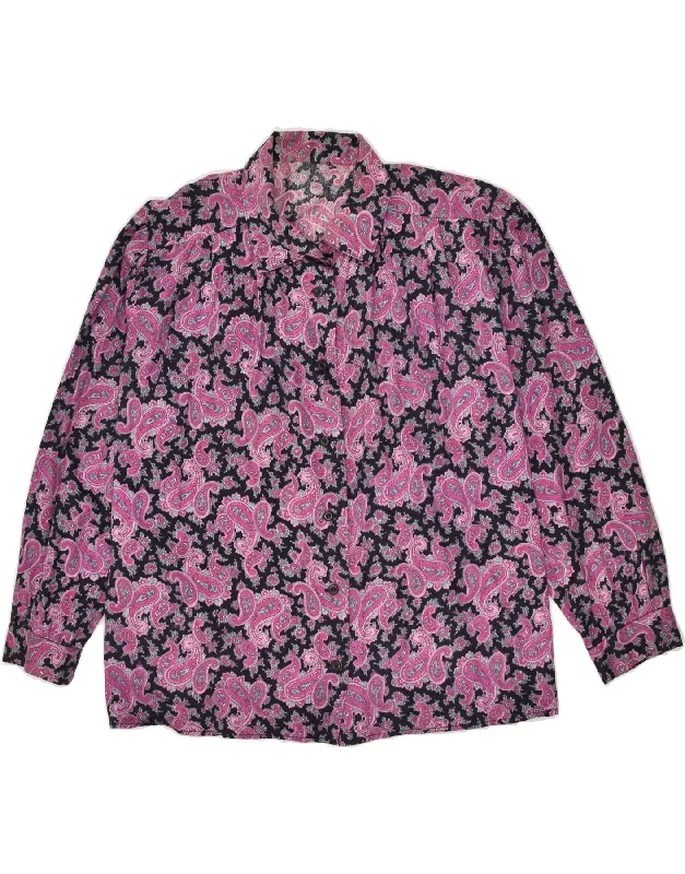 VINTAGE Womens Shirt UK 14 Medium Pink Paisley Chic Silk Short Sleeve Shirt