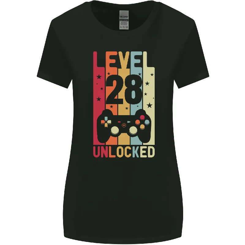 28th Birthday 28 Year Old Level Up Gaming Womens Wider Cut T-Shirt Collared Crew Neck Turtle Neck