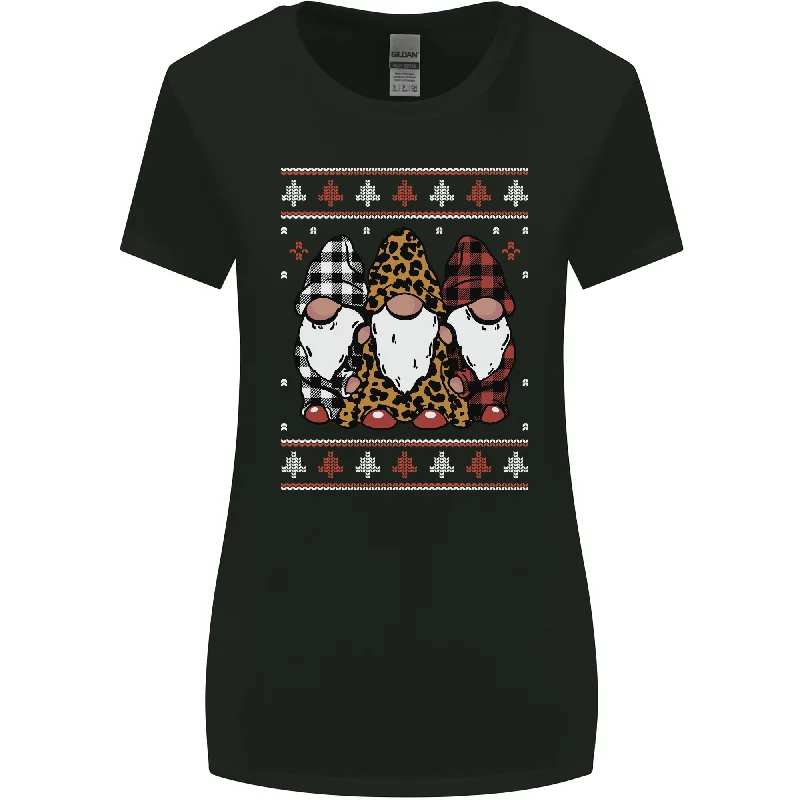 3 Christmas Gnomes Wearing Pajamas Xmas Womens Wider Cut T-Shirt Notch Collar Peter Pan Collar Cowl Neck