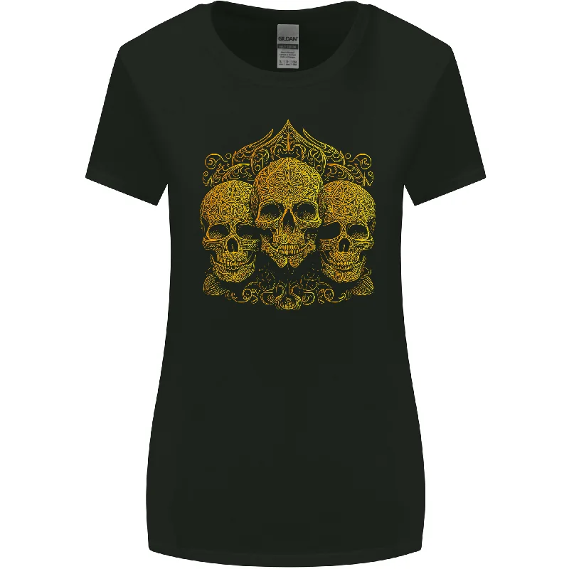 3 Ornate Gold Skulls Gothic Goth Womens Wider Cut T-Shirt Rayon Velvet Corduroy