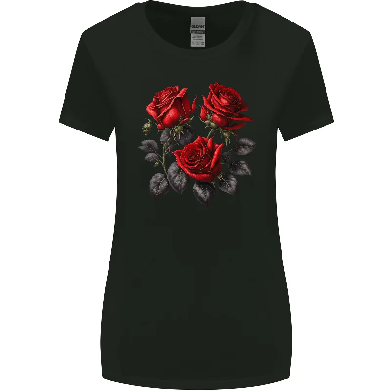 3 Red Roses Gothic Goth Womens Wider Cut T-Shirt Spandex Blend Rayon Blend Denim Blend