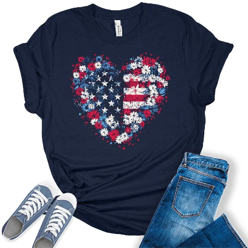 Womens 4th of July Heart Shirt American Flag T-Shirt Patriotic Graphic Tees for Women Knit Fabric Woven Fabric Fleece Fabric