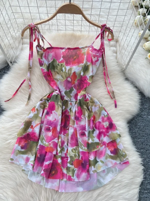 Adjustable Straps Flowing Floral Mini Dress Casual Button-Up Mini Dress