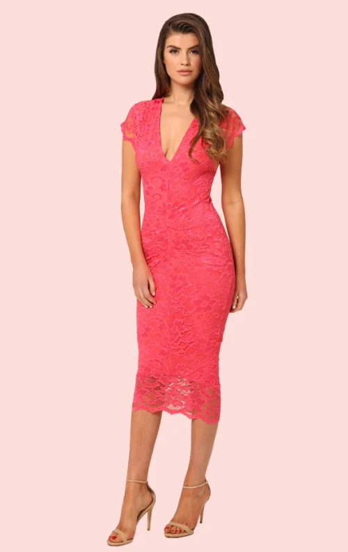 Adrianna Lace Midi Dress - Coral Stylish Button-Up Midi Dress