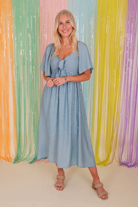 RESTOCK: Always A Delight Midi Dress-Chambray Elegant Puff Sleeve Midi Dress