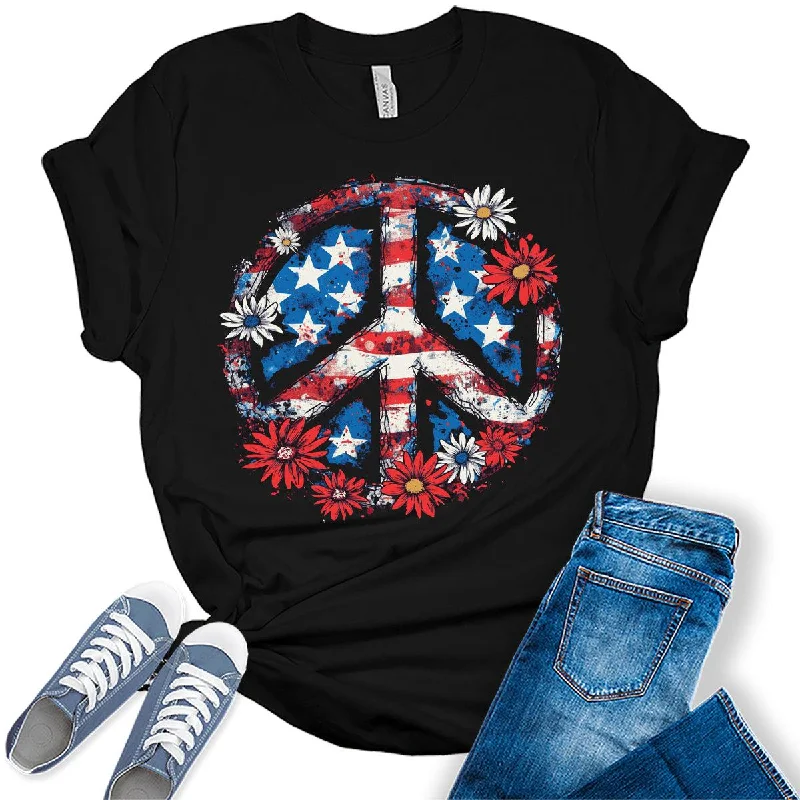 Womens 4th of July Peace Shirt Floral American Flag T-Shirts Patriotic Graphic Tees Chenille Blend Fleece Blend Nylon Blend